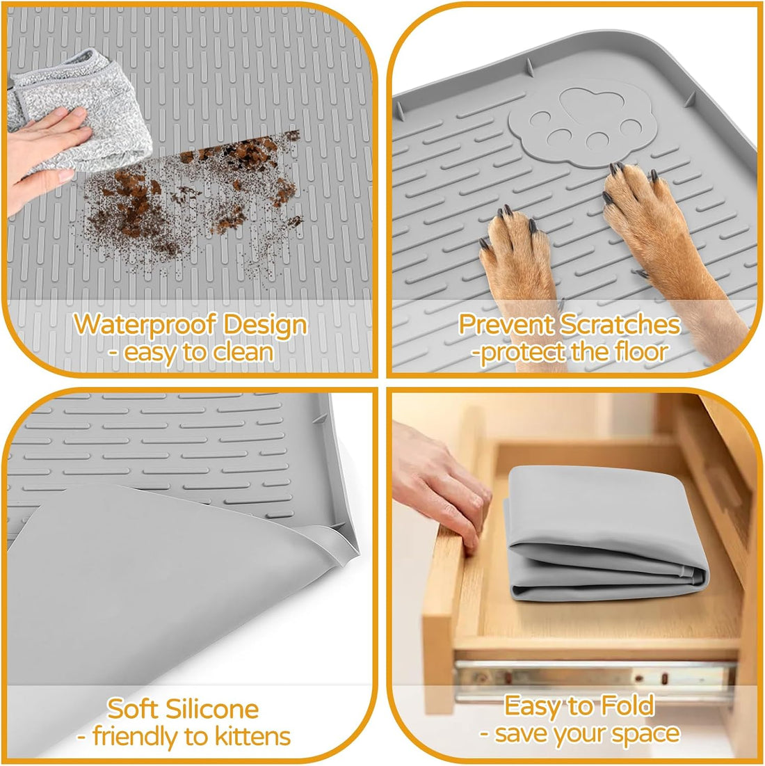 Dog Food Mat 50" x 35" Large Silicone Mat with Raised Edge Gray