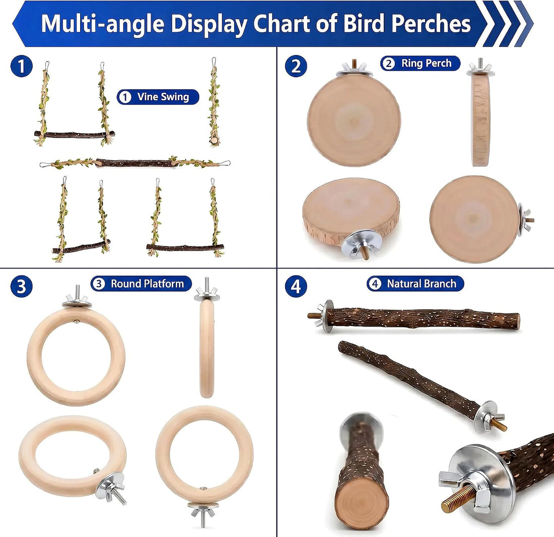 4-in-1 Bird Perches for Cage, Natural Wood Stands for Small Parrots