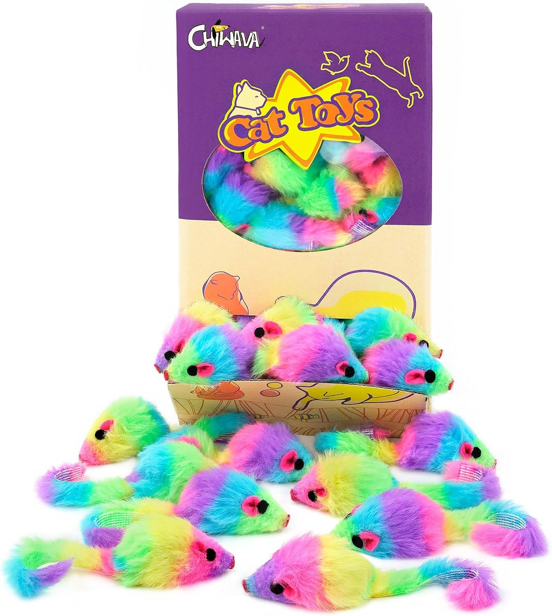 CHIWAVA 36PCS 1.8" Rainbow Color Furry Cat Toy Mice with Rattle