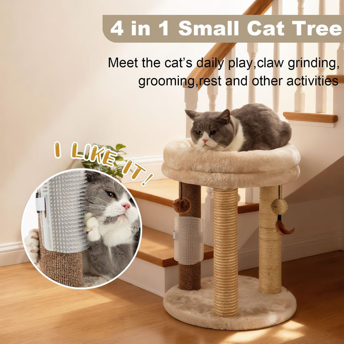 MECOOL 4in1 Small Cat Tree,Scratching Post with Tower Soft Bed