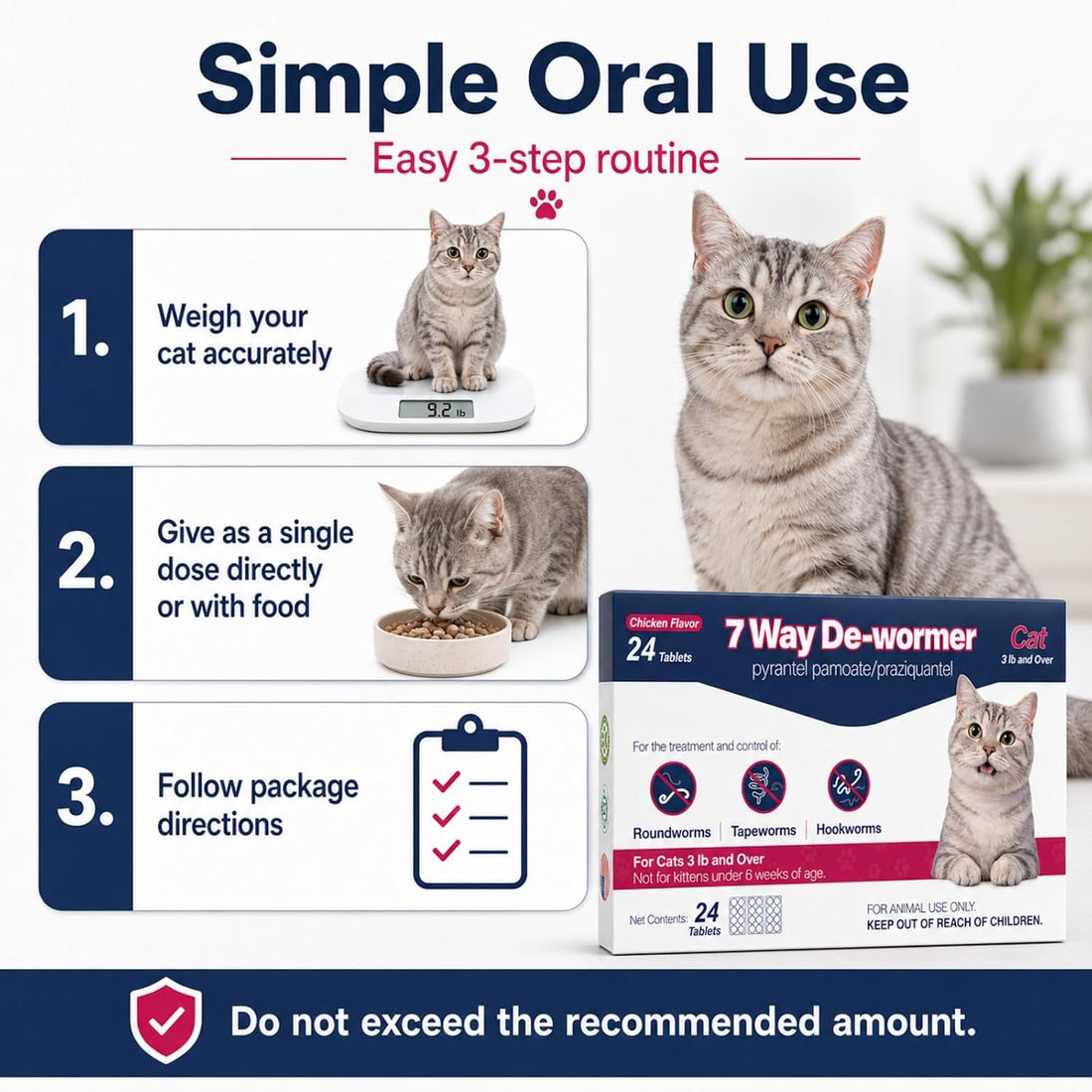 7 Way De-Wormer for Cats, Chicken Flavored Tablets for Roundworms