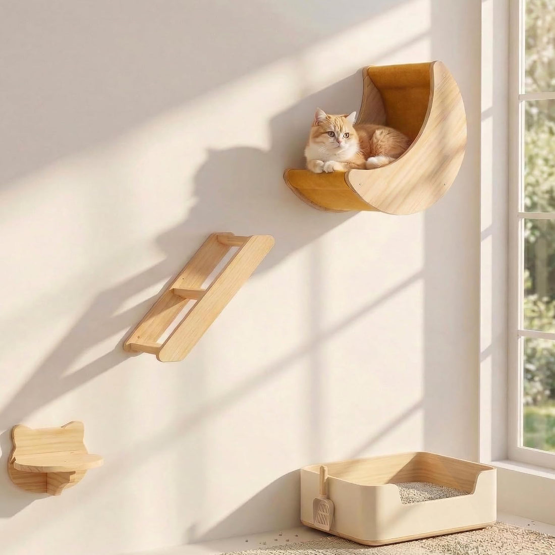 Cat Wall Shelves, Solid Wood Moon Bed