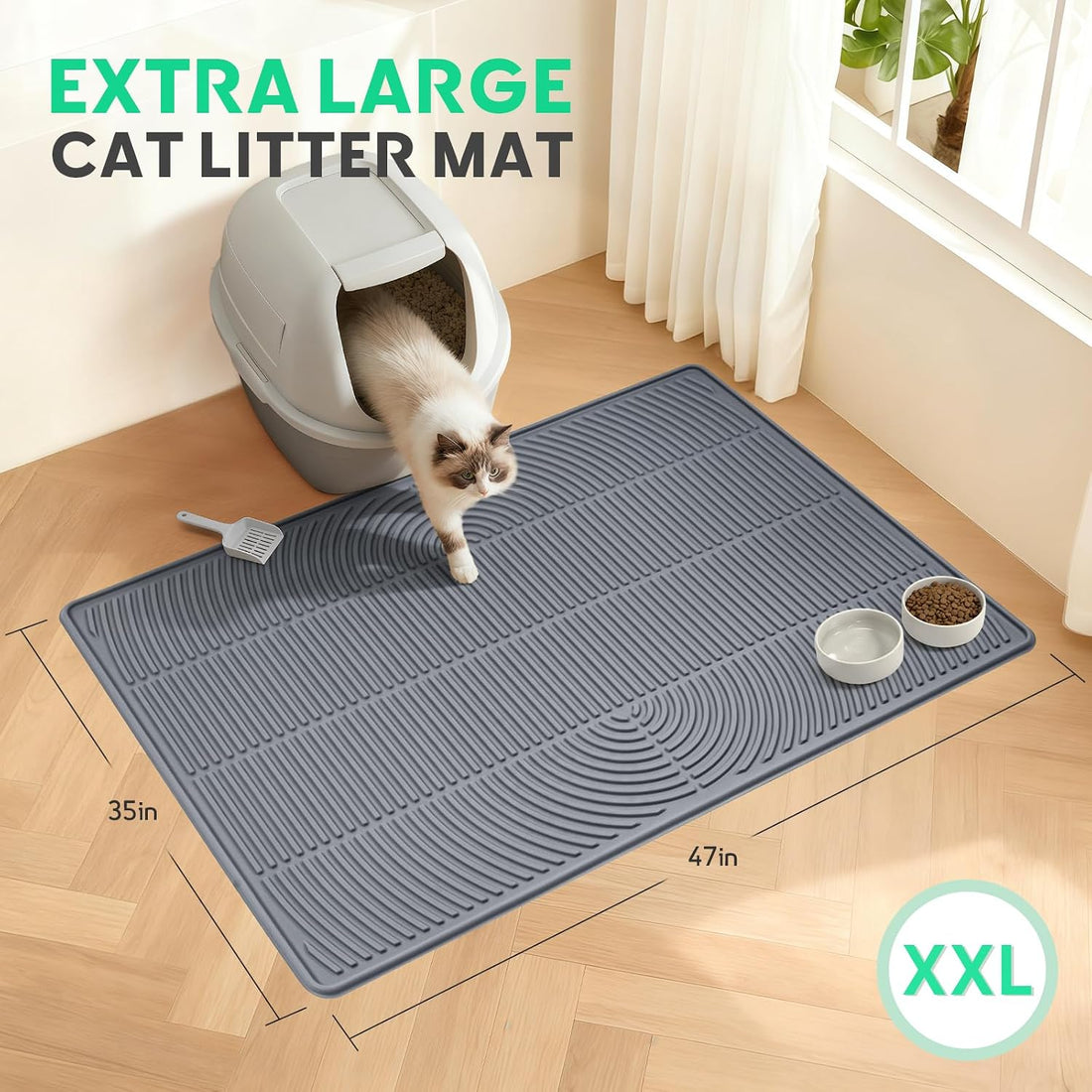 Pawtasy Cat Litter Box Mat,47" x 35" Extra Large Silicone Waterproof