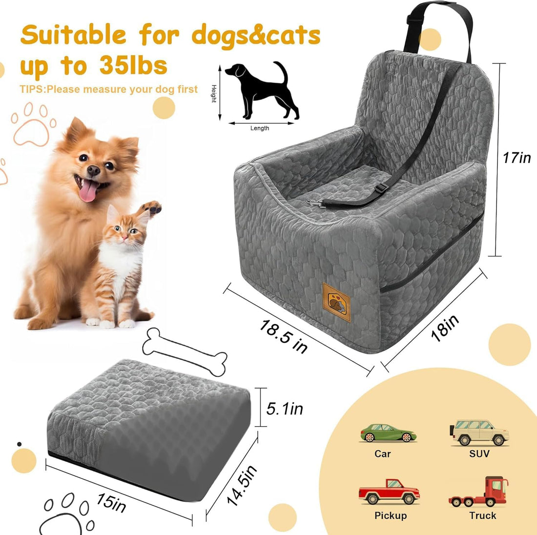 Memory Foam Dog Car Booster Seat