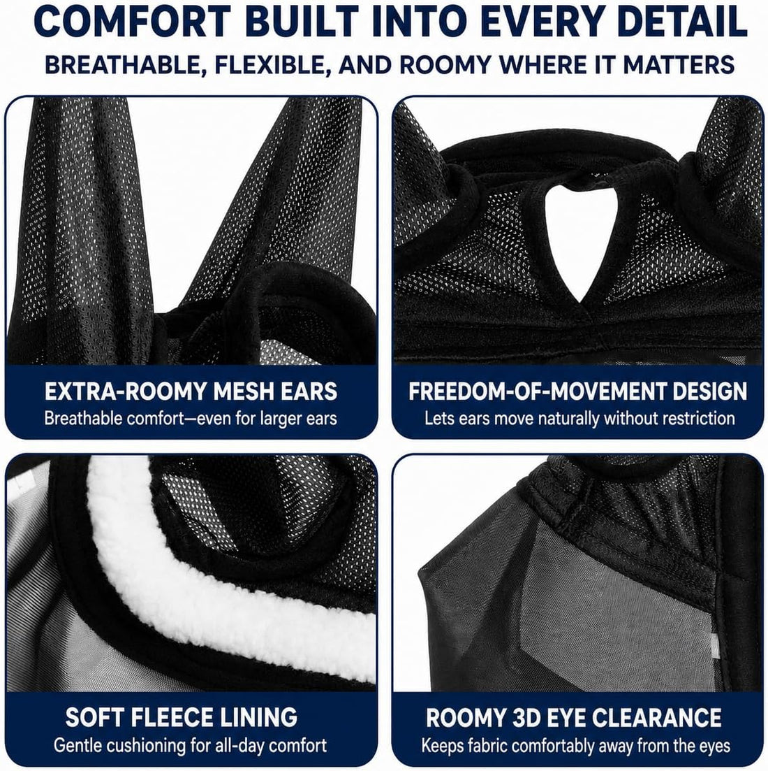 Horse Fly Mask with Ears & Detachab Nose Cover, Medium