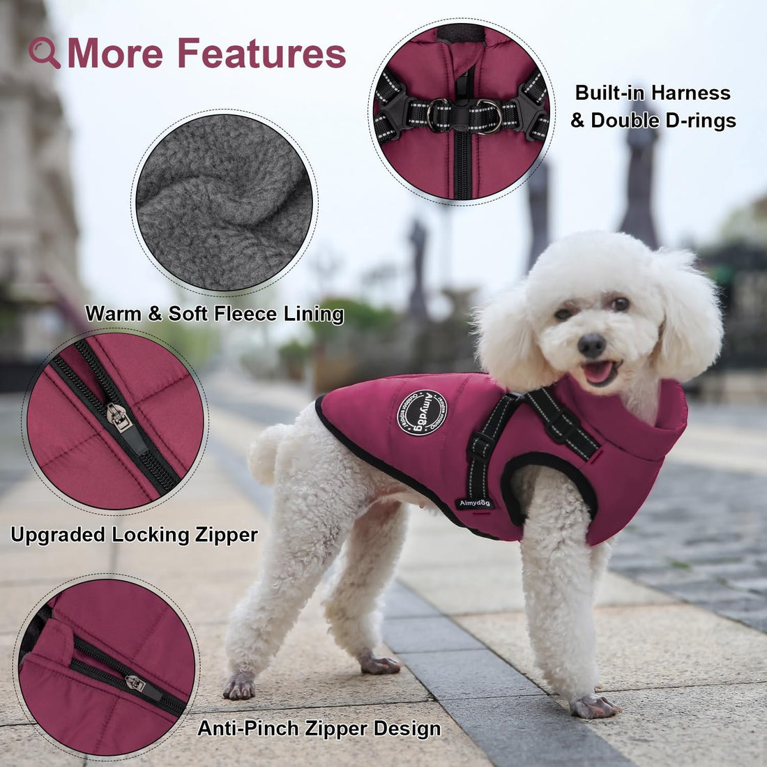 Warm Dog Winter Coat, Dog Cold Weather Jacket with Built-in Harness