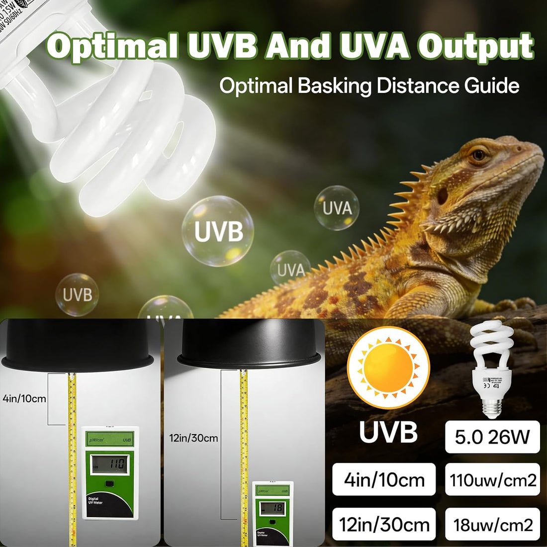 Reptile UVB Bulb 5.0 15W, Compact Fluorescent Light E26 Base, 2PCS