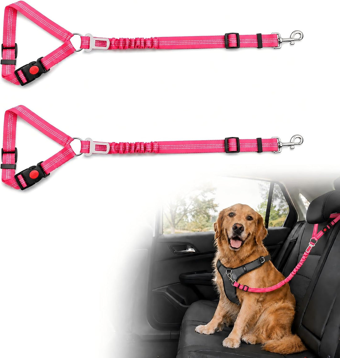 Dog Seat Belt for Car 2 Pack, 3-in-1 Adjustable-Length Bungee Tether