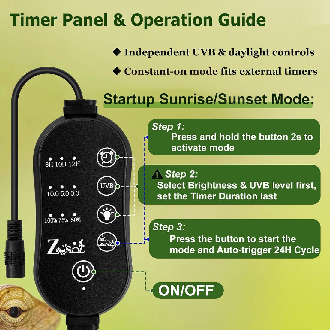 3-in-1 UVB Light for Reptiles One-Touch Sunrise & Sunset Mode 16"