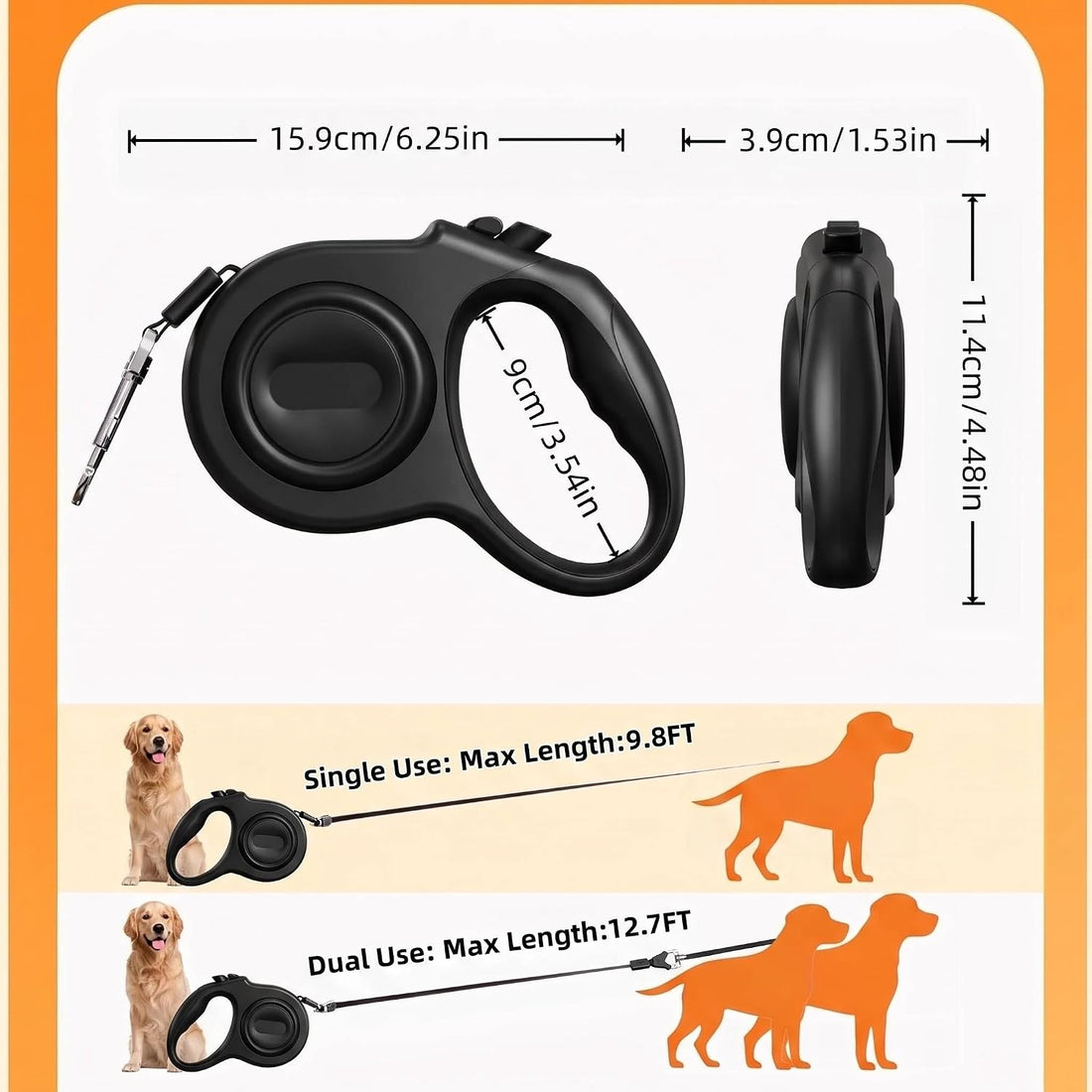 9.8 FT Dual Retractable Dog Leash for 2 Small Breeds Up to 44lbs Each