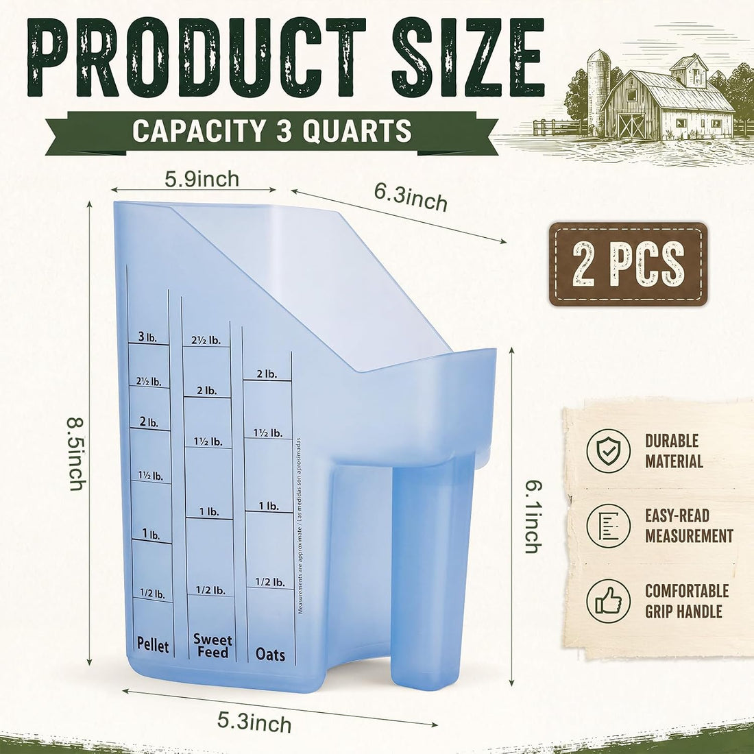 Uiifan 2 Pcs 3 Quart Horse Feed Scoop with Measurements for Farm