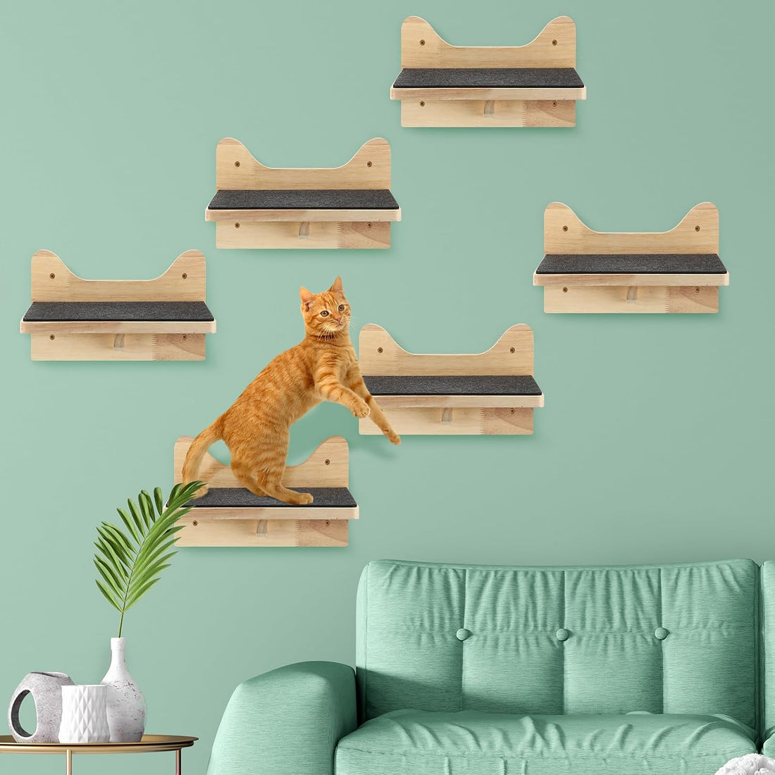 Lenwen 6 Set Cat Wall Shelves, Wood Cat Climbing Step, Wall Mounted
