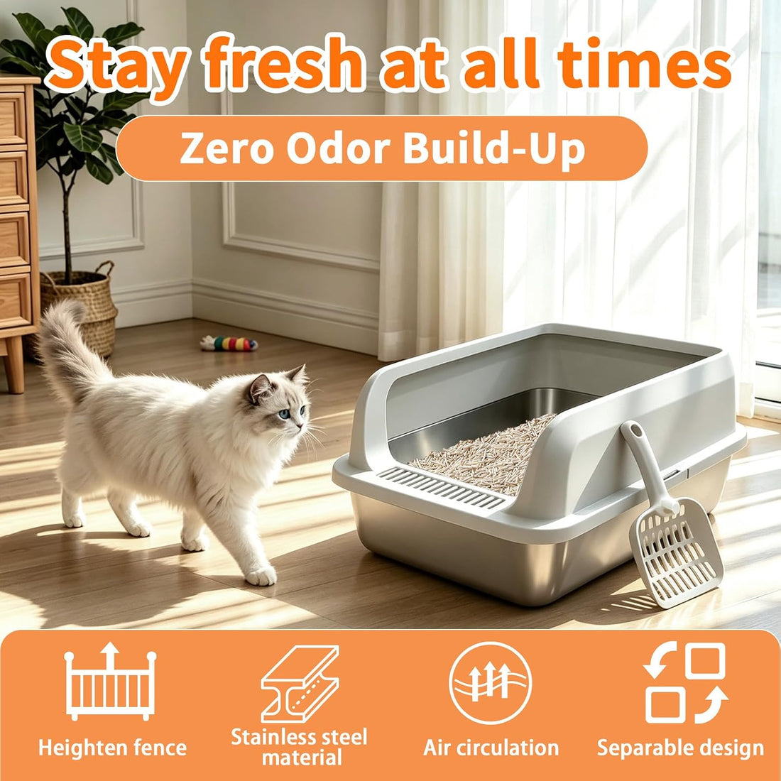 Stainless Steel Litter Box, Covered with Lid, 17.3x13.4x7.9in