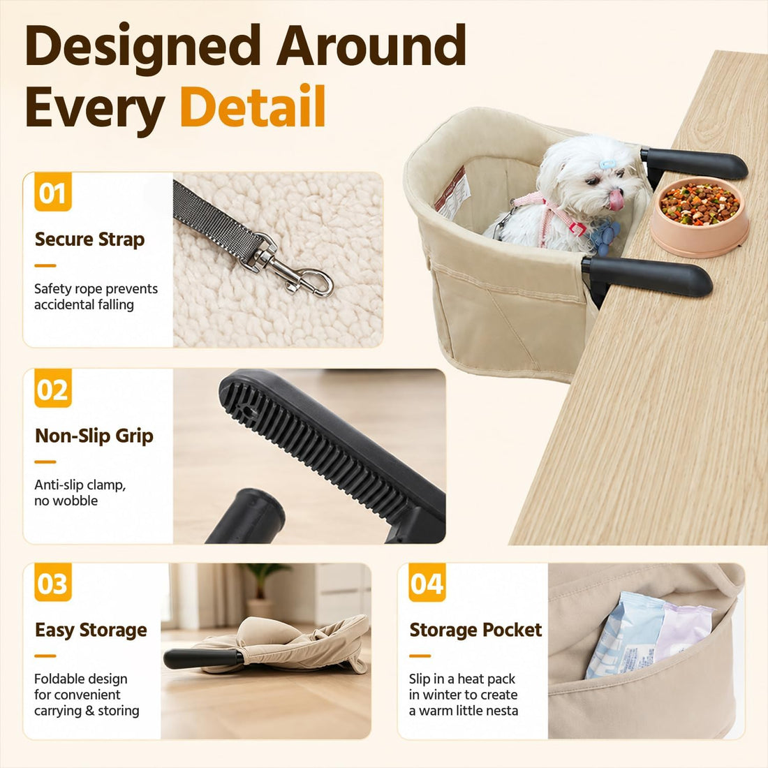 Clip-on Table Pet Chair for Small Pets, Khaki