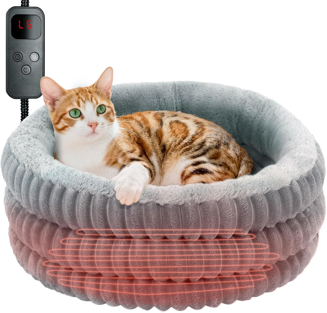 Heated Cat Bed Indoor, 20" Round Donut Deep Sleep Calming Heated Pet