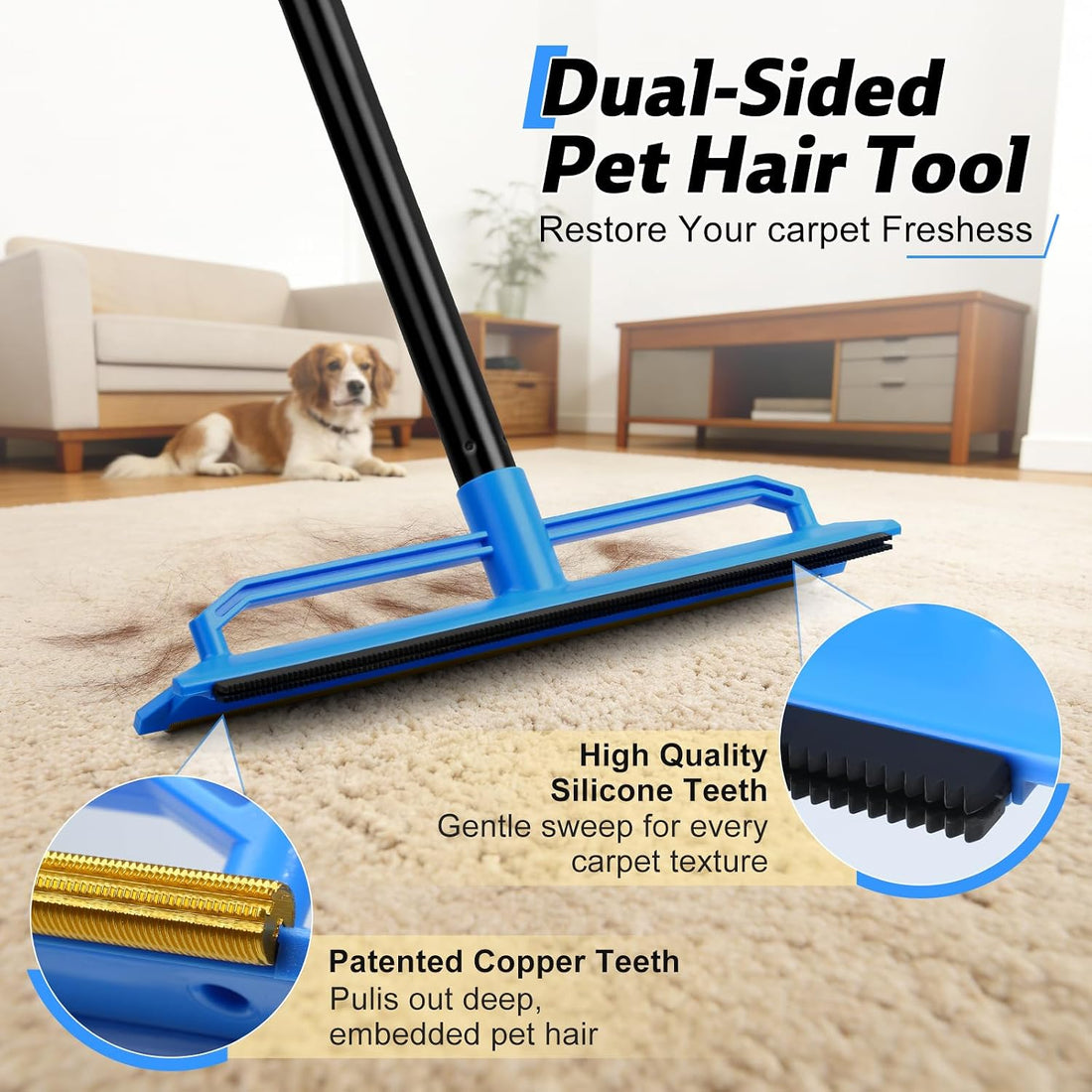 BUVE 2 in 1 Carpet Rake for Pet Hair Removal Tool