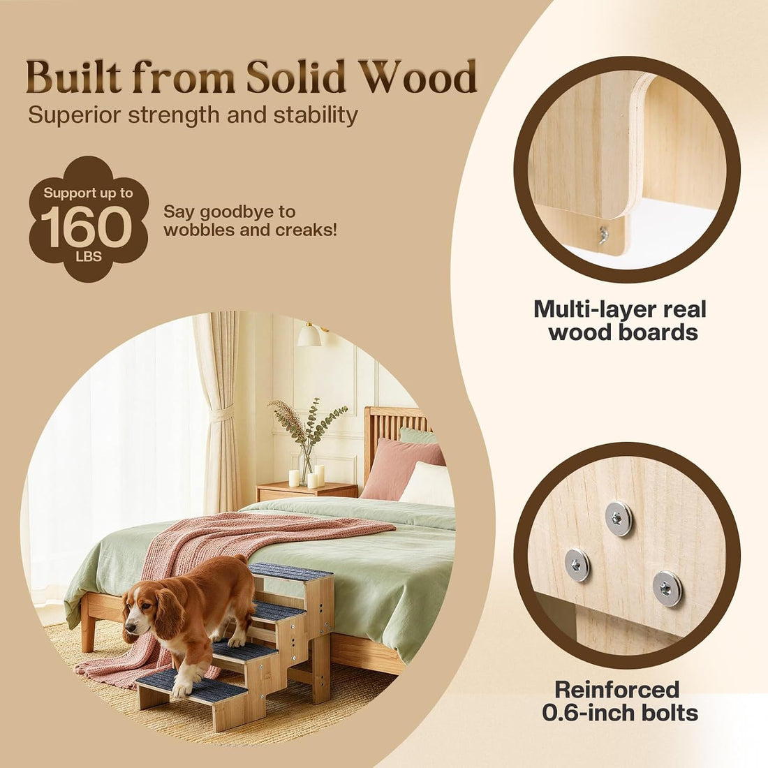 5-Step Wooden Dog Steps for Bed, Anti-Slip Dog Stairs with Carpet Pads