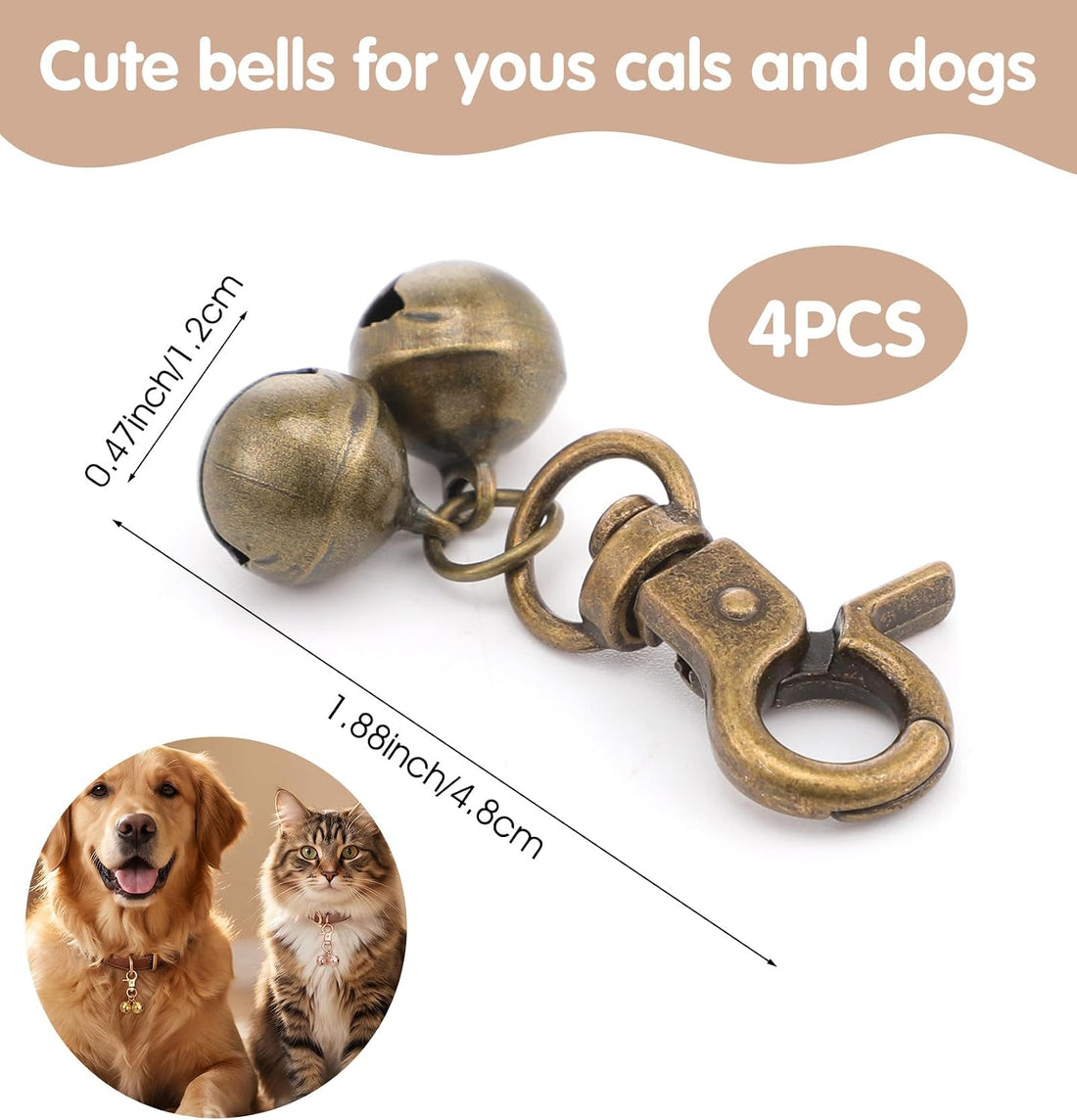 4Pcs Bell for Cat Collar, Pure Copper Cat Bell with Snap Clips