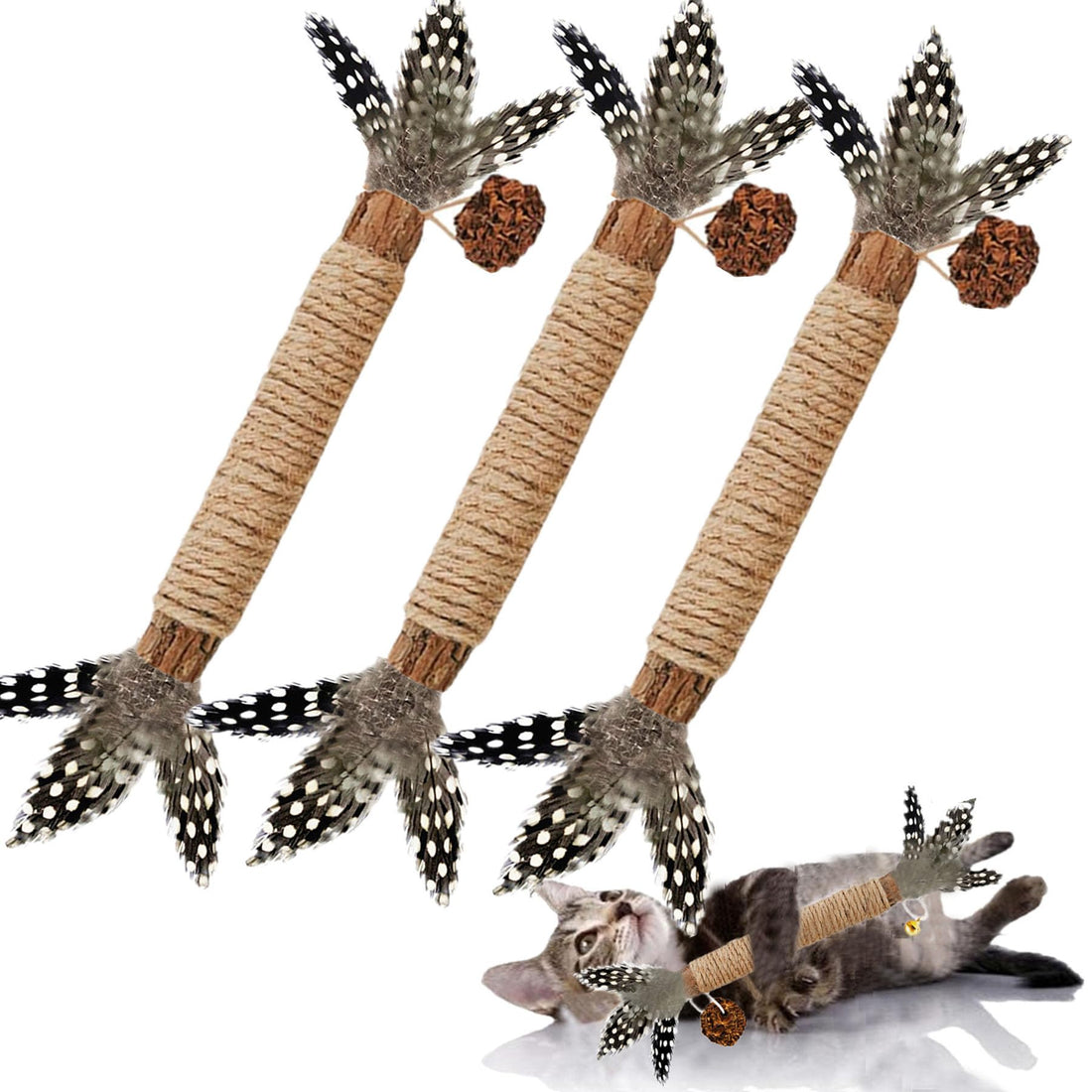 GREMBEB Cat Toys,3 Pack Silvervine Cat Feather Toy Kitten Chew Stick