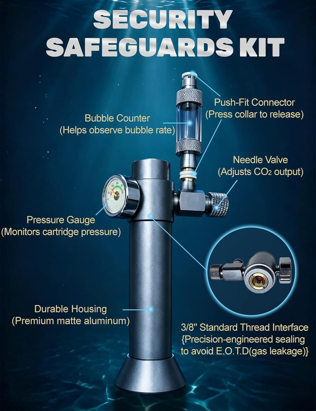 Aquarium CO2 Kit with Regulator, 2 x 16g Cartridges, 3/8" Thread