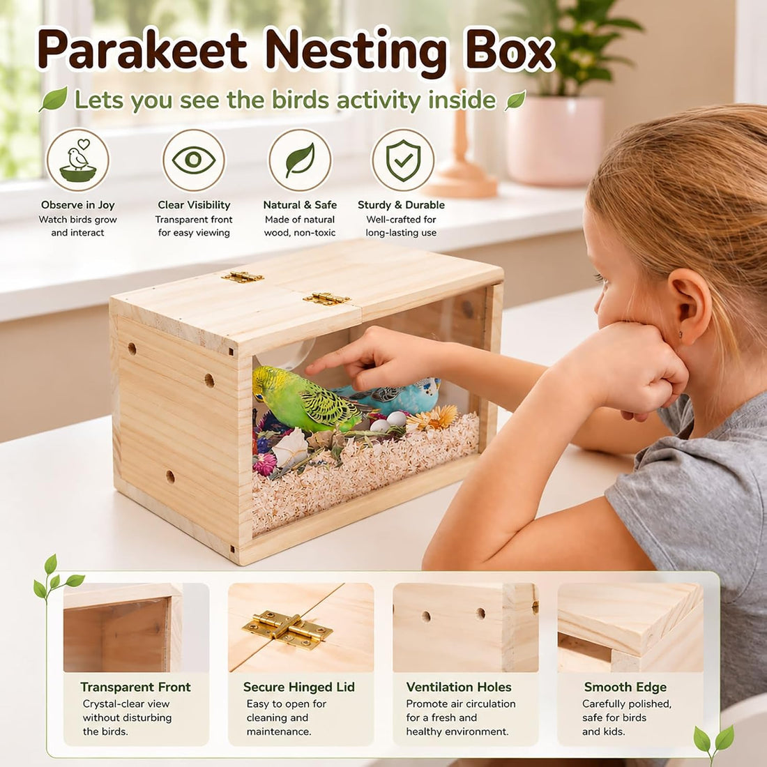 Parakeet Nesting Box,Wooden Parrot Nest Breeding Box with Perch(S)