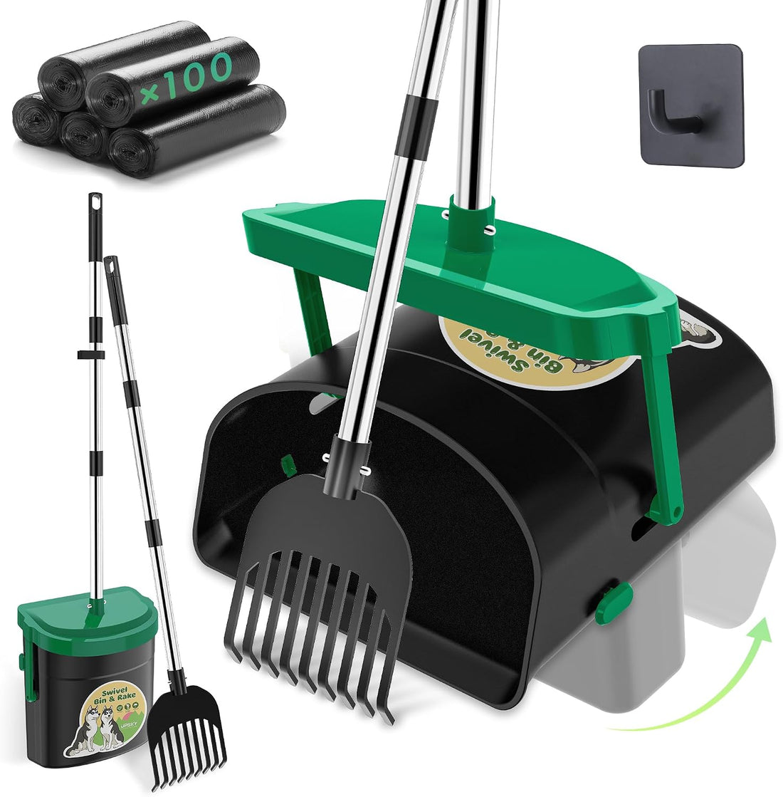 UPSKY 33.4" Dog Pooper Scooper Swivel Bin & Rake Kit with 100 Waste