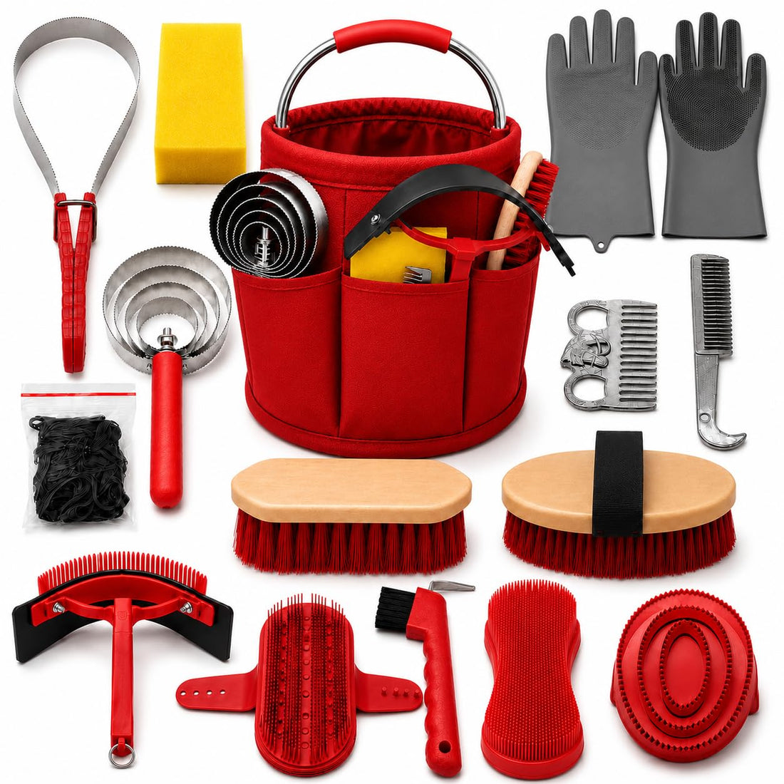 Horse Grooming Kit, 15-Piece Horse Brush Set with Red Tote Bag