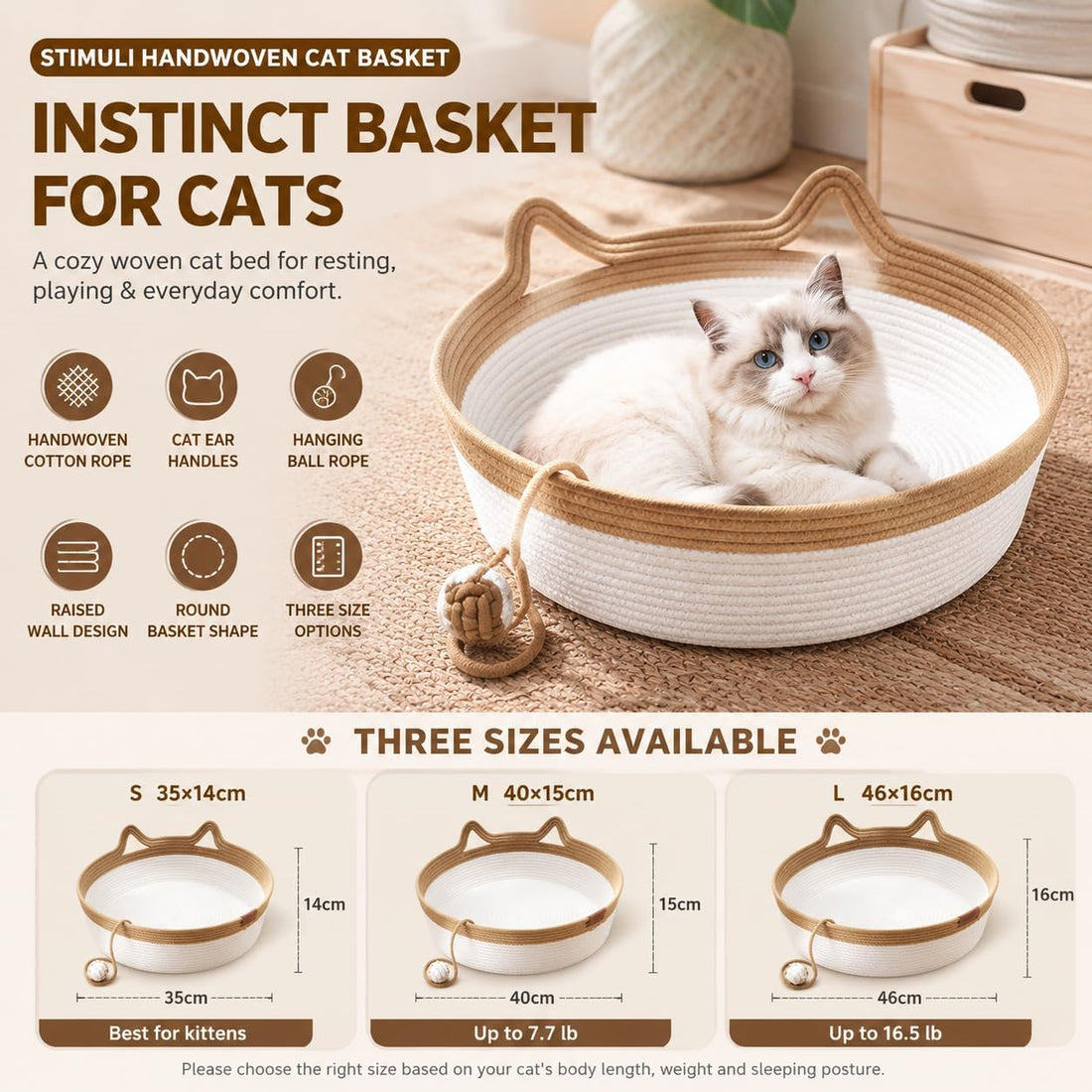 Instinct Basket for Cats, 35/40/46cm Stimuli Handwoven Cat Basket Bed
