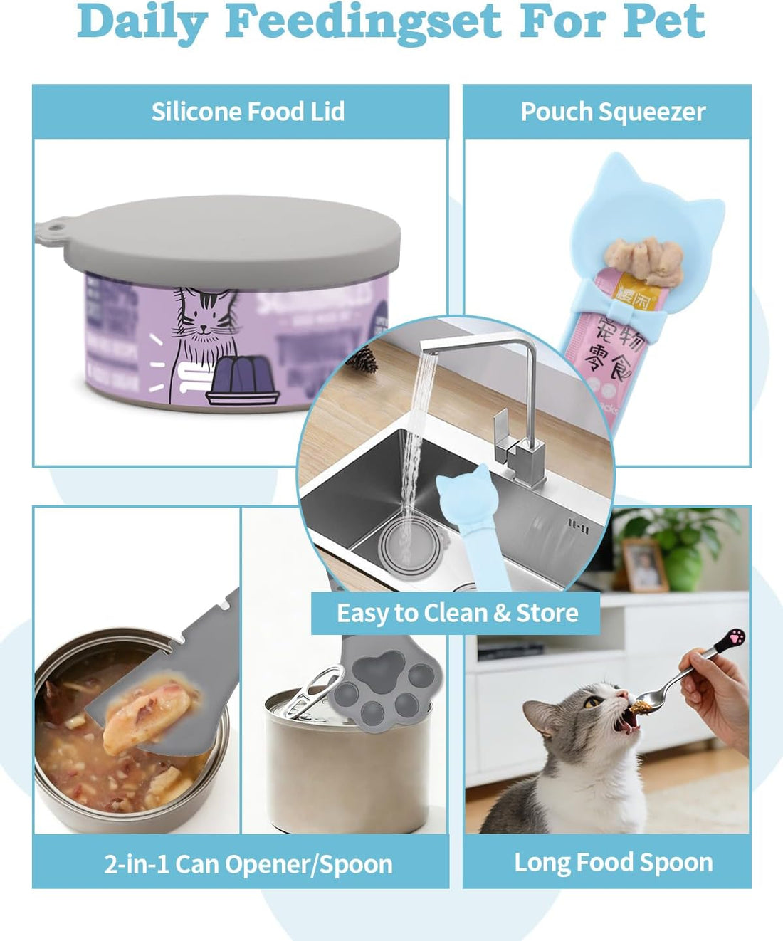6Pcs Cat Food Can Covers Set, Cat Food Spoon & Can Opener
