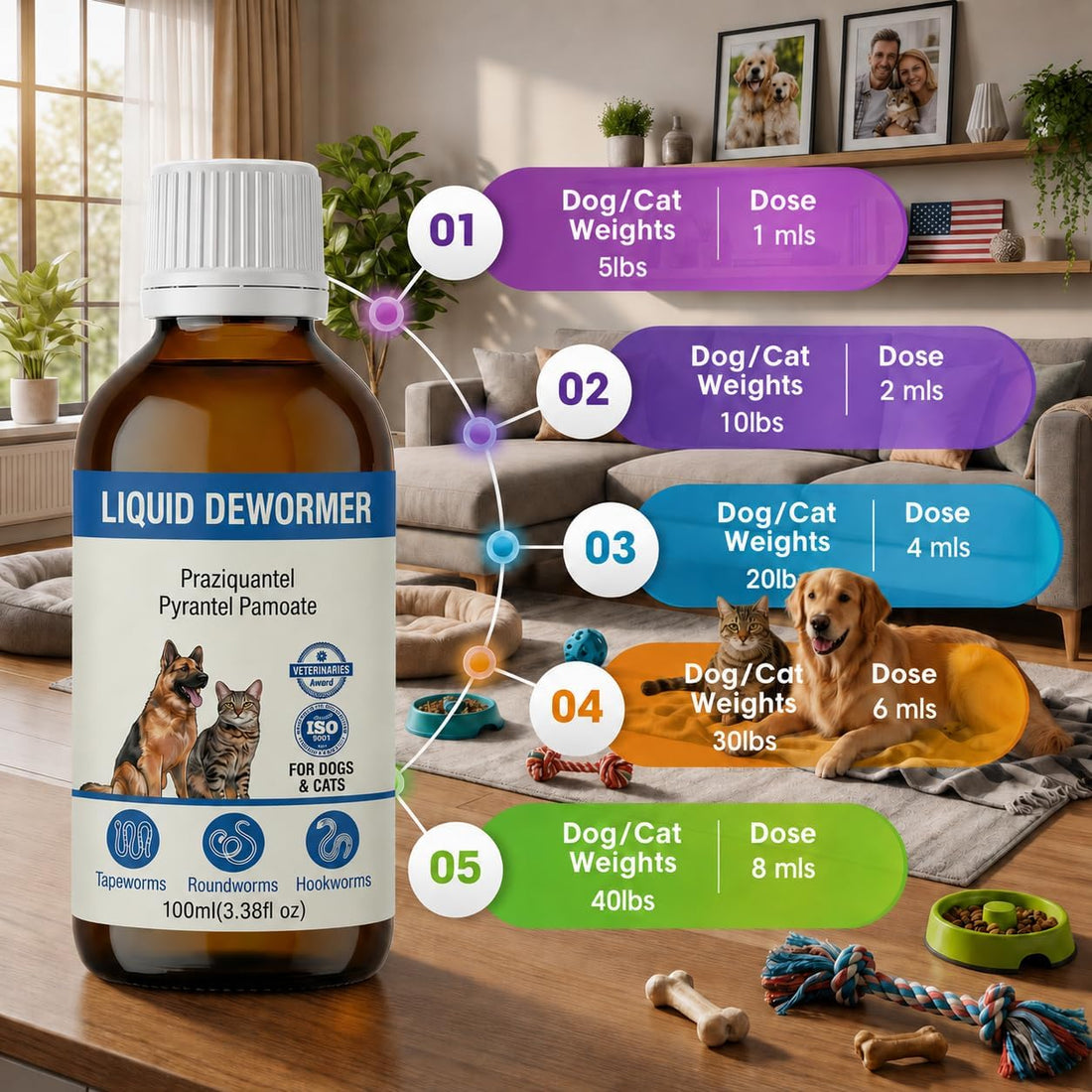 Liquid Dewormer for Dogs & Cats, Praziquantel & Pyrantel Pamoate