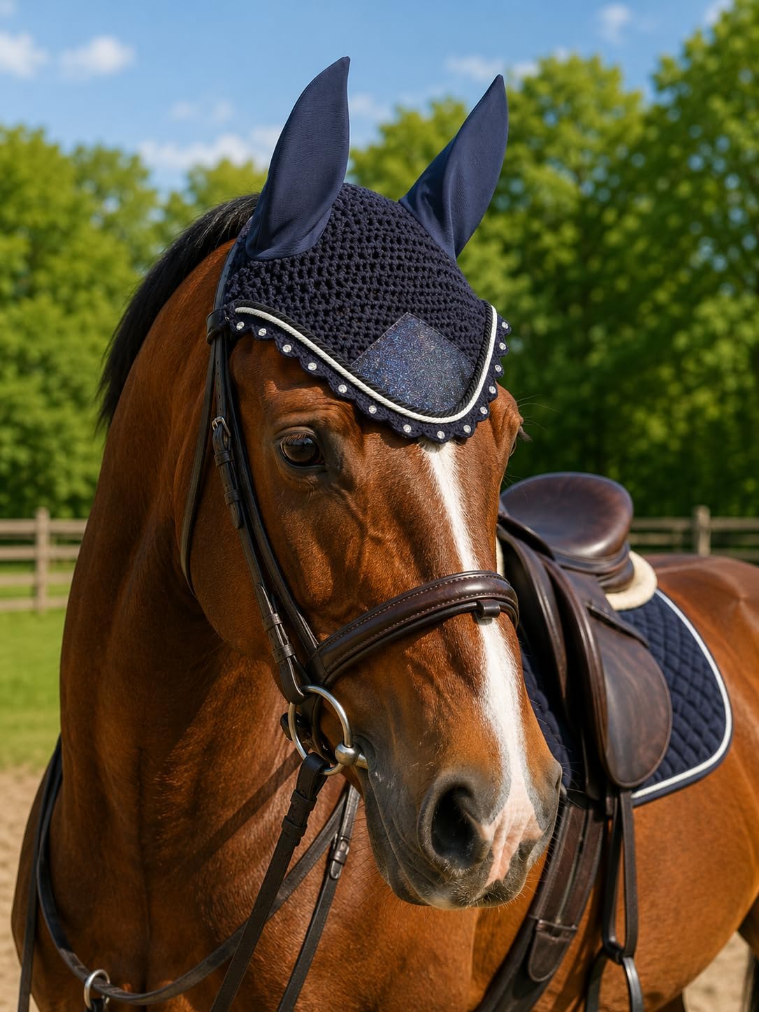 Horse Ear Bonnet for Horses – Handmade Crochet Fly Veil with Crystal