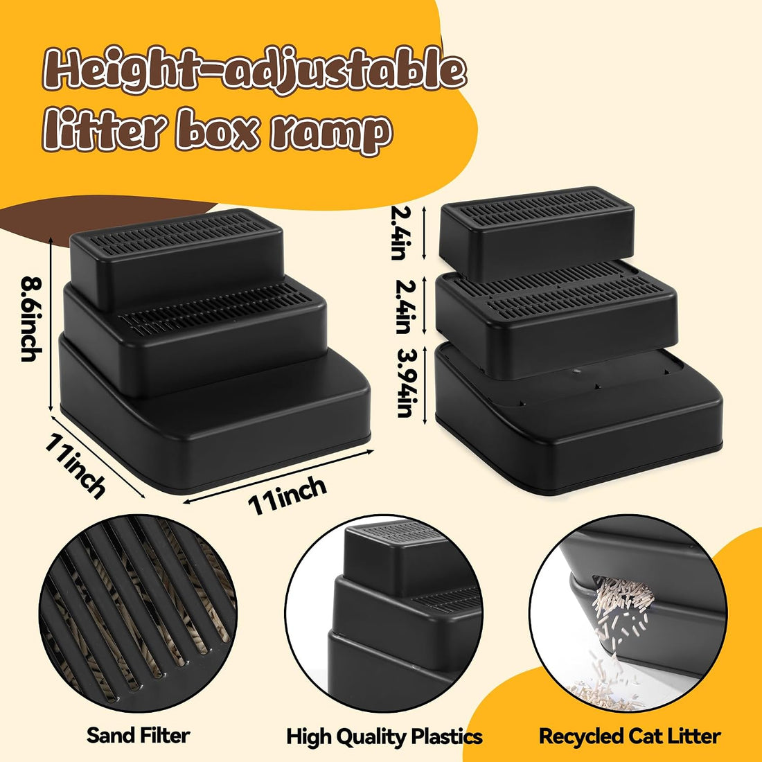 BALAPET Adjustable 3 Steps Litter Box Ramp with Filter Function