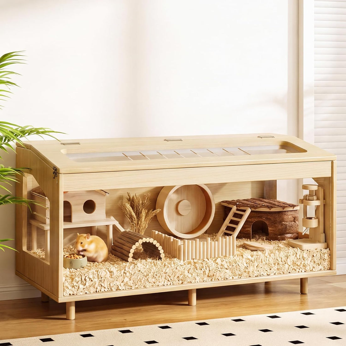 Wooden Hamster Cage with Acrylic Board Base, 39.4"