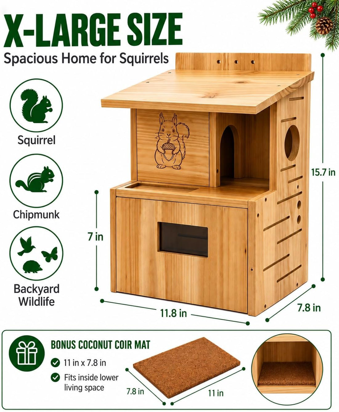 Large Squirrel House for Outside, Fir Wood Squirrel Box with Window