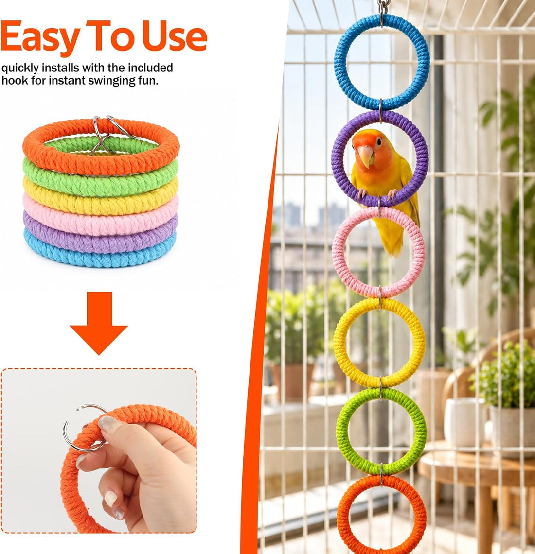 6-Ring Bird Swing Toy for Cage, Hanging Bird Rope Perch Toy