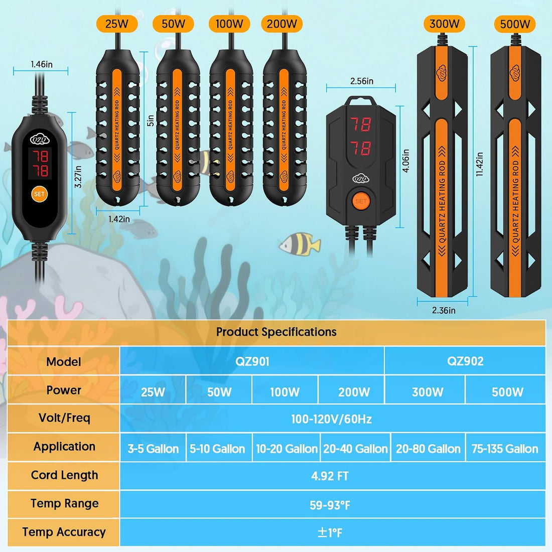 QZQ Aquarium Heater, 25W Adjustable Fish Tank Heater with Digital