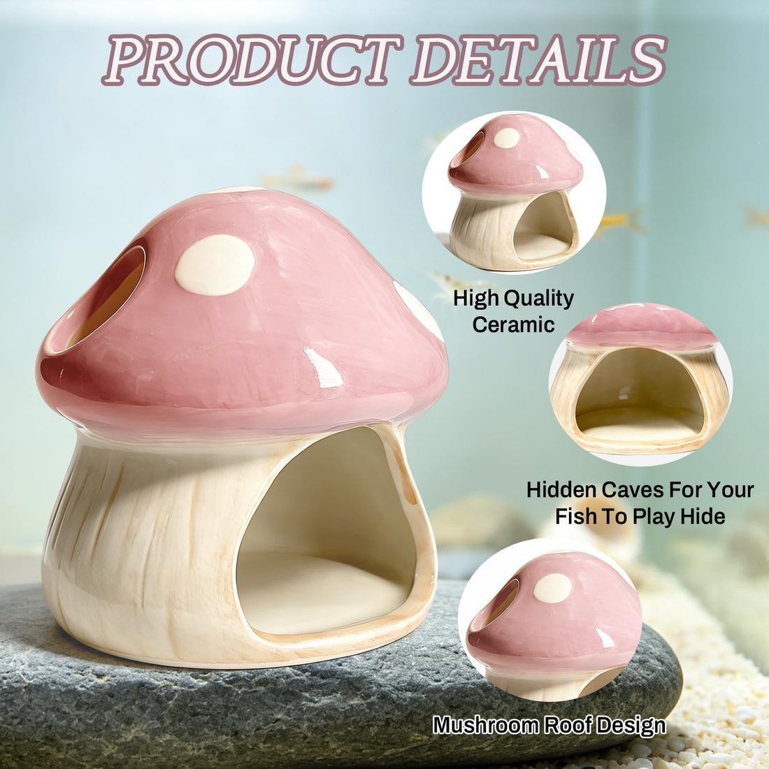 Betta Fish Tank Accessories, 4.33" Ceramic Mushroom Aquarium Decor