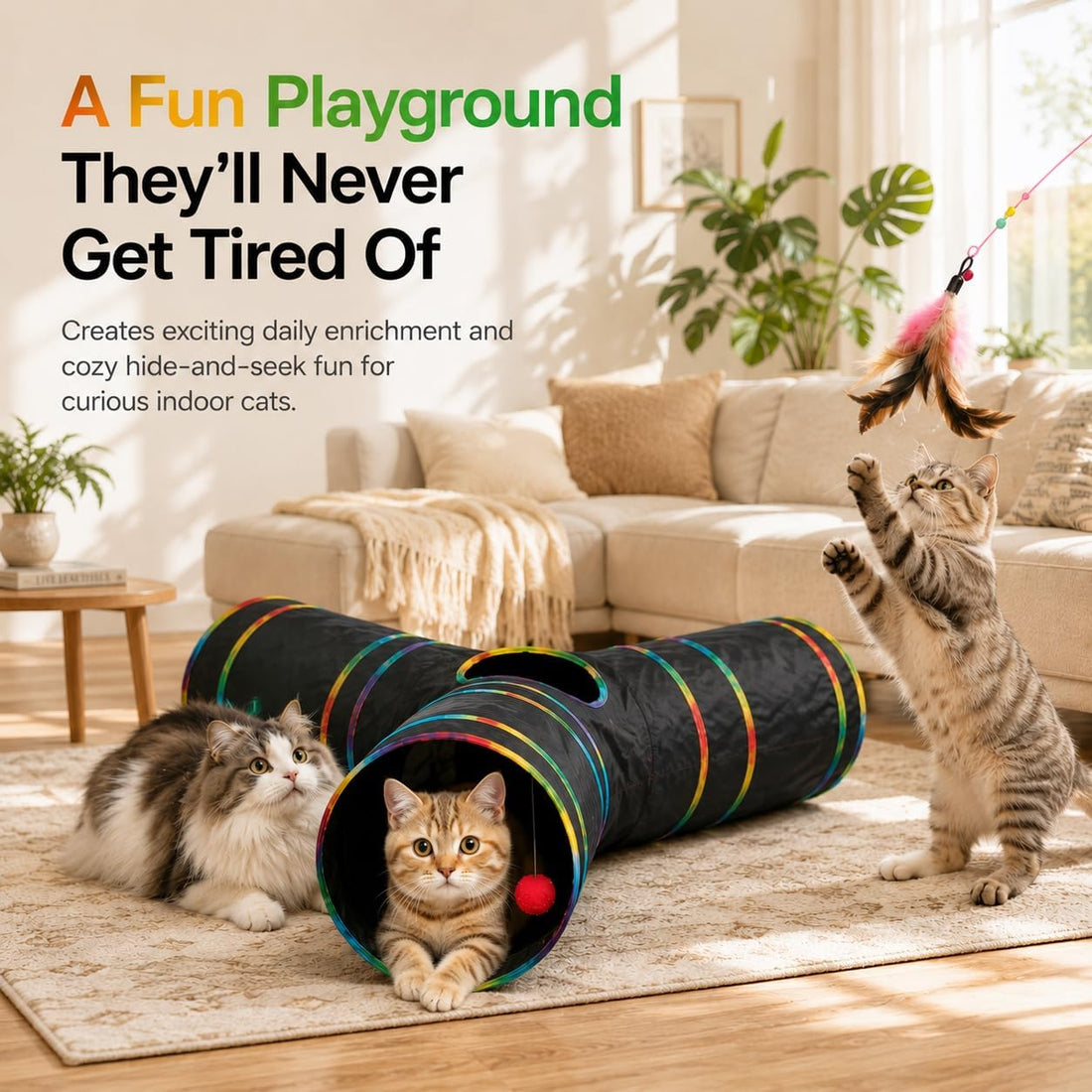 LUCKITTY Cat Tunnels Tube Toy with Plush Ball & Cat Wand Feather