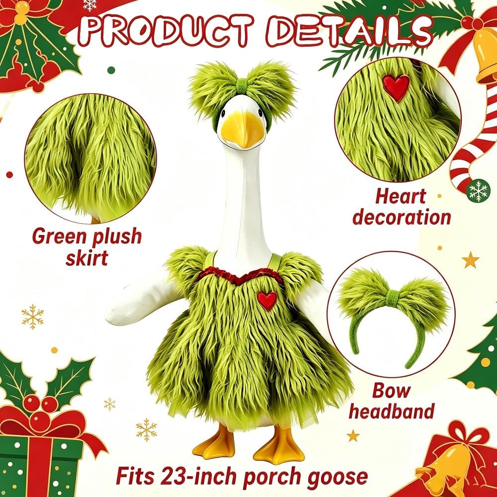 Green Fur Christmas Porch Goose Outfit for 23 Inch Lawn Goose Xmas