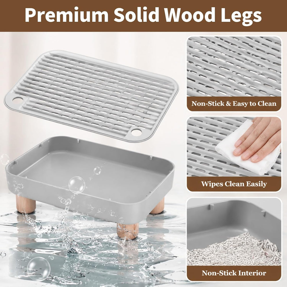 Litter Box Step Wooden Base Gray 11.8x7.9in Pet Stairs