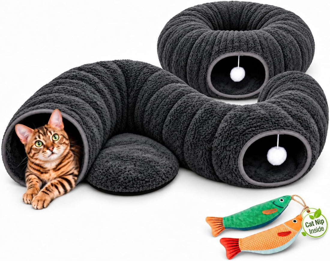Cat Tunnel Bed with 2 Catnip Fish Toys, Interactive Cat Toys