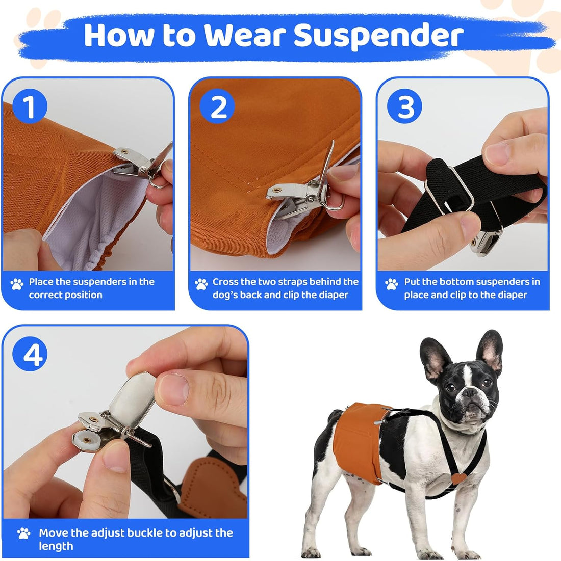 Dog Suspenders for Diapers, Adjustable Nylon 2pcs (Small, Black)