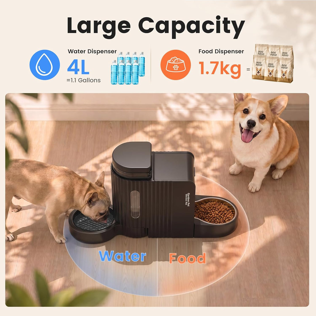 Dog Water & Food Dispenser Set, Gravity Automatic Pet Feeder, 4L x 2