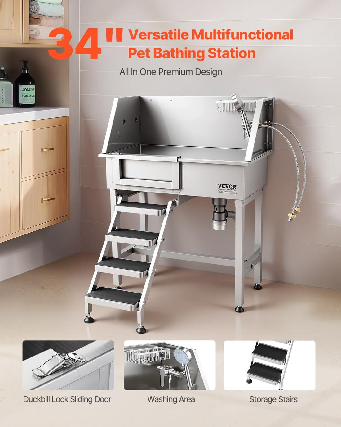 VEVOR 34" Dog Washing Station Professional Stainless Steel Pet
