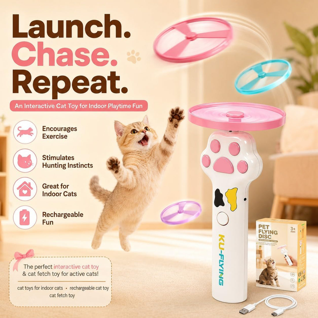PDVMWPJ Cat Fetch Toy Launcher with 10 Soft & Flexible Discs