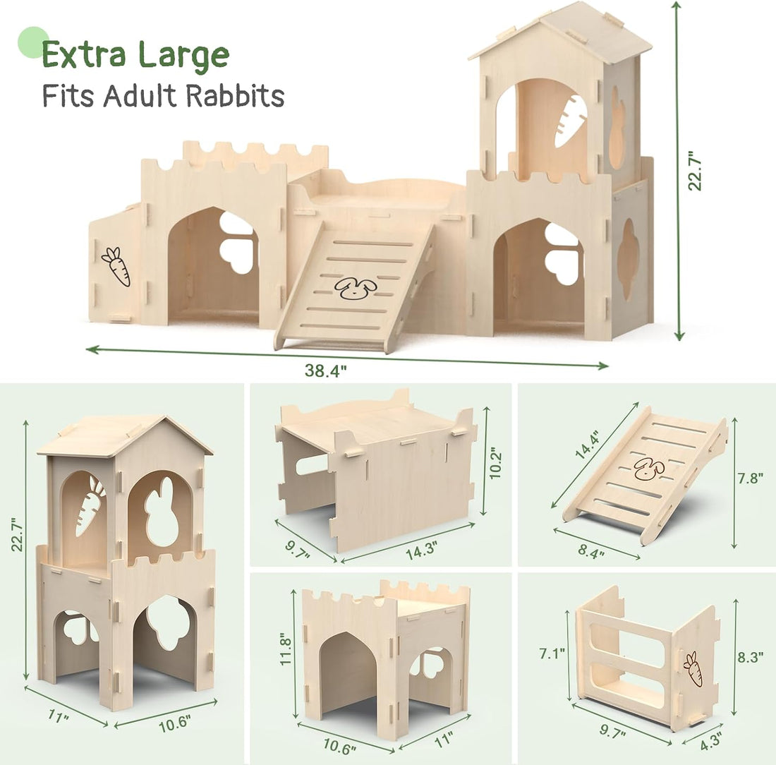 Wooden Rabbit House,Extra Large 2-Level Bunny Castle with Feeder