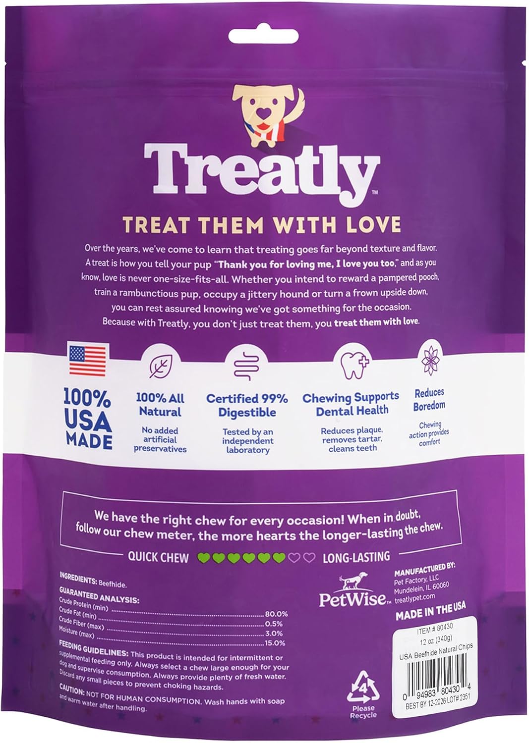 USA Beefhide Chips Dog Chew Treats - Natural Flavor, 12oz/2 Pack