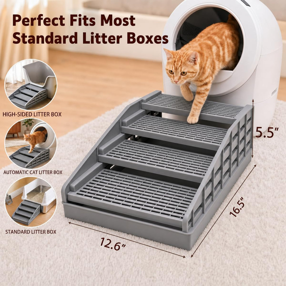 Litter Box Step for Senior Cats, Height Adjustable Cat Stairs