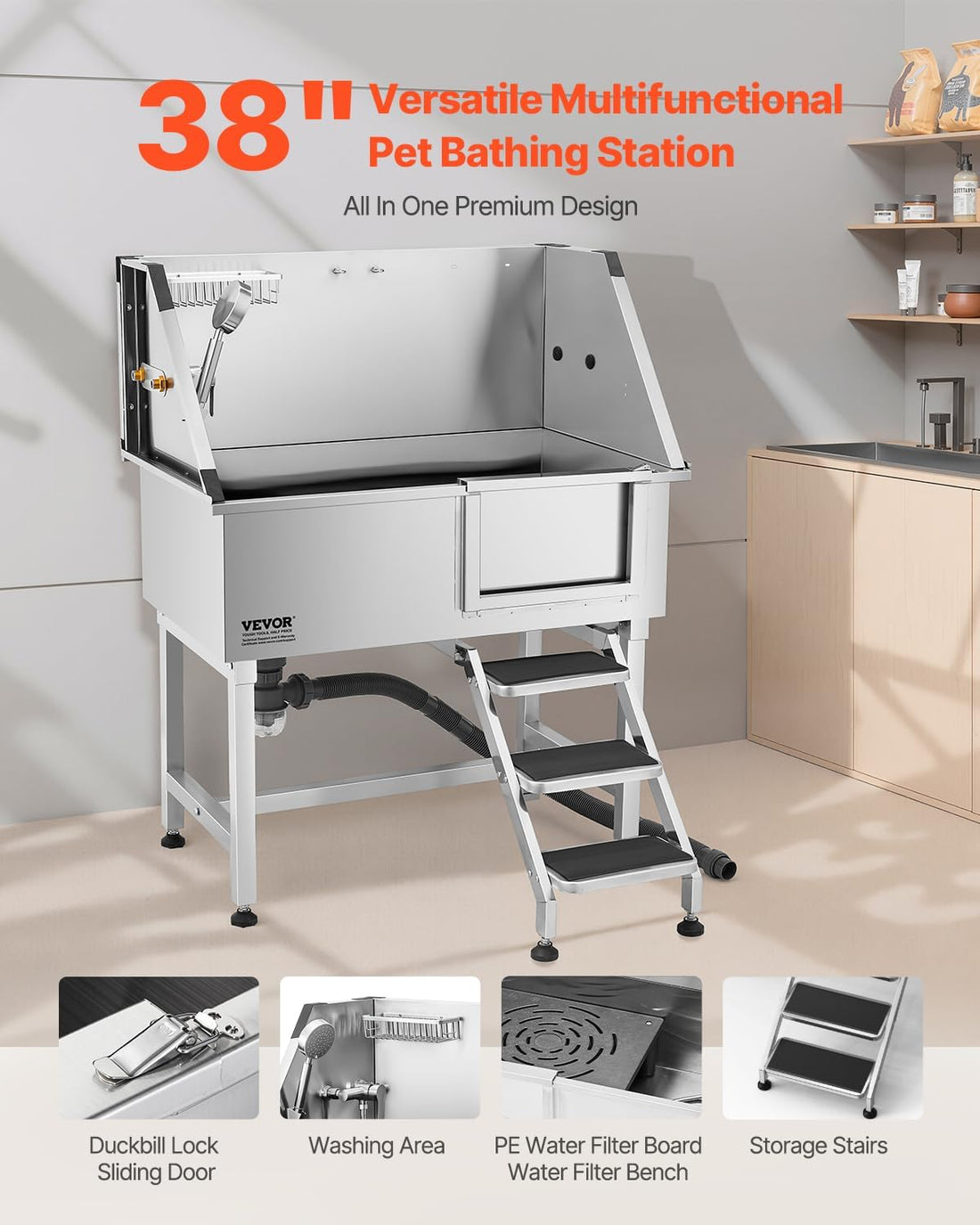 VEVOR 38 Inch Stainless Steel Dog Washing Station