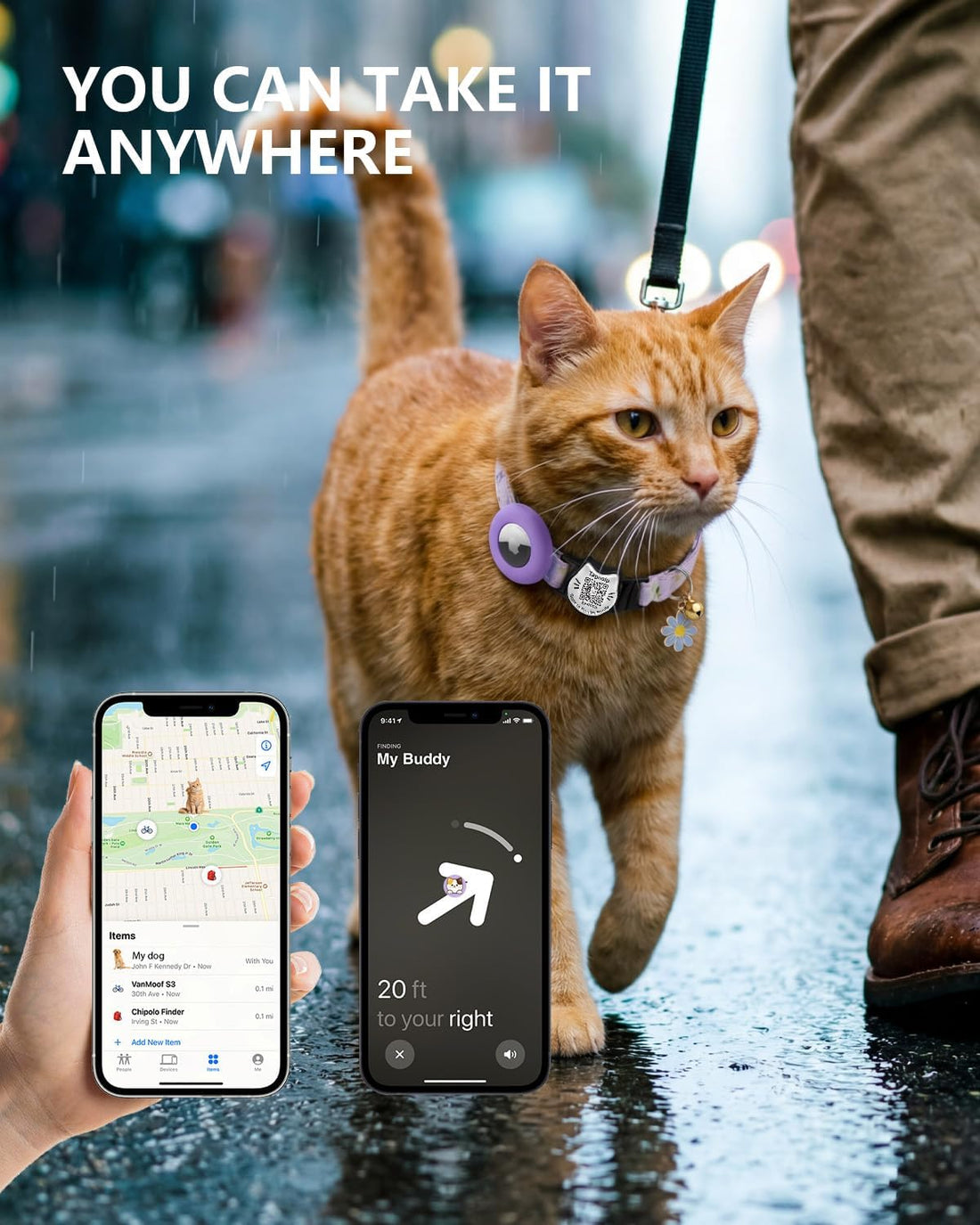 Flowers Pendant Cute Cat Collar with AirTag Holder,QR Code ID Tag